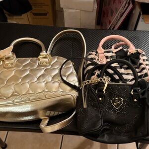 Betsey Johnson Gold and Black Heart Pattern Handbag Set 3 handbags